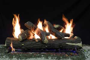 Gas logs on fire in fireplace